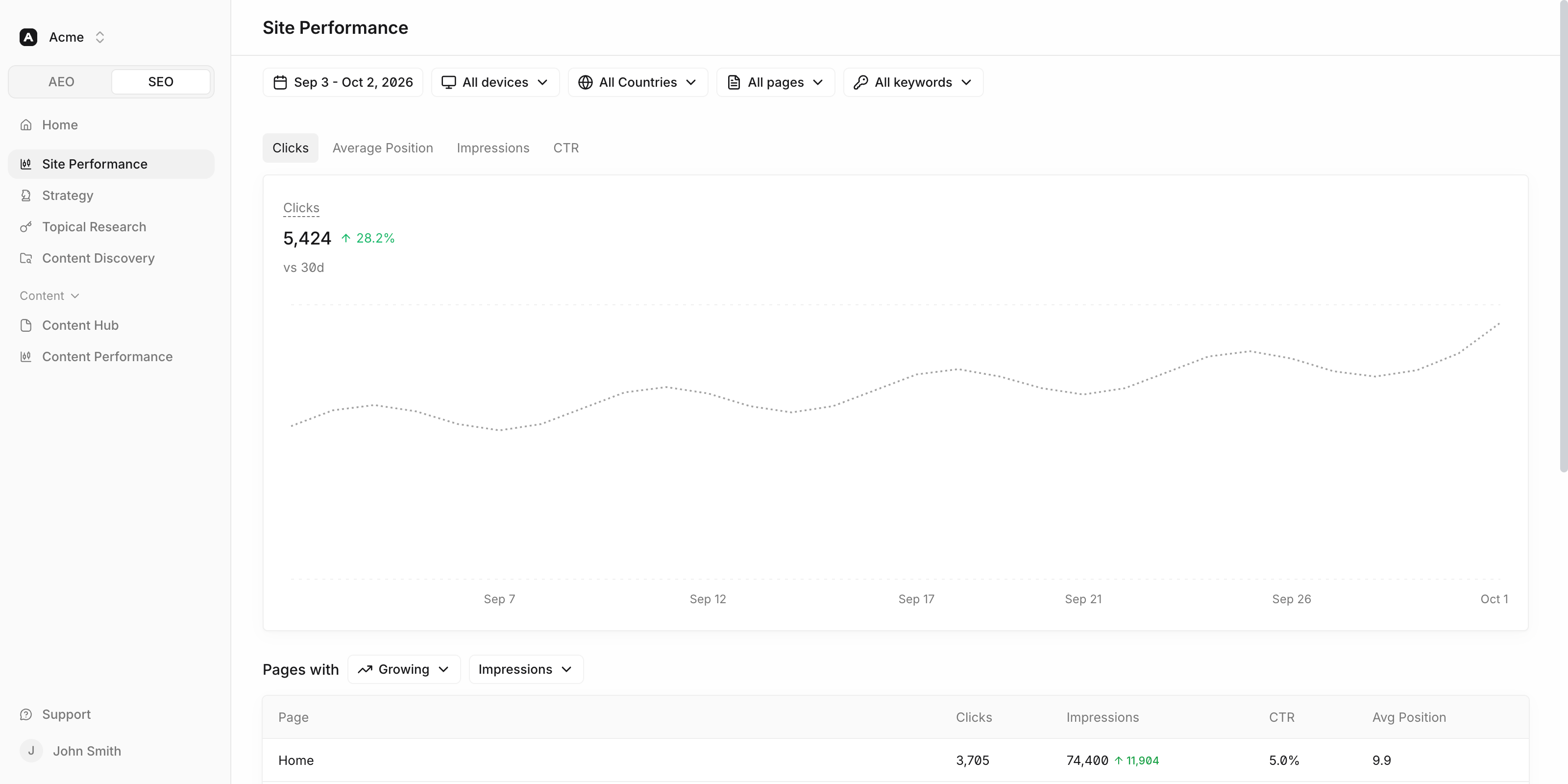 Serpy site performance dashboard showing search clicks and page performance