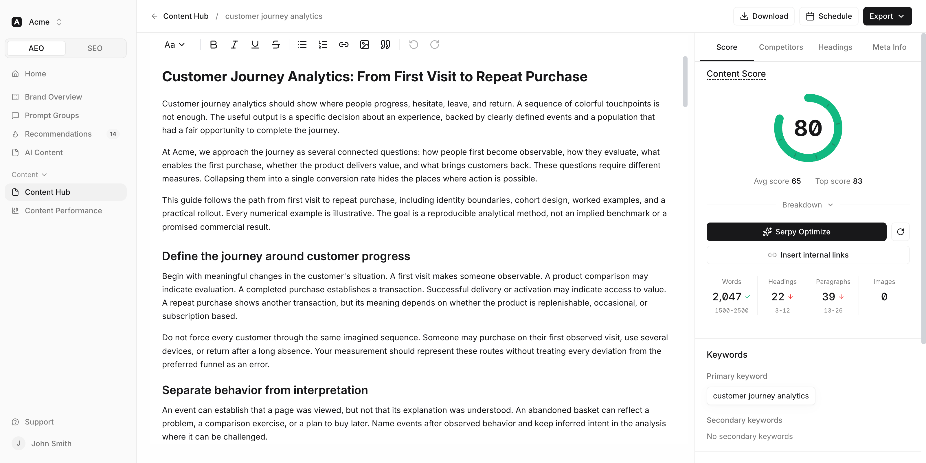 Serpy content editor showing article optimization and content score